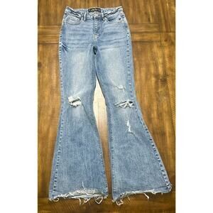 Indigo Rein Y2K Flare Jeans Distressed Raw Hem High Rise 7 W27